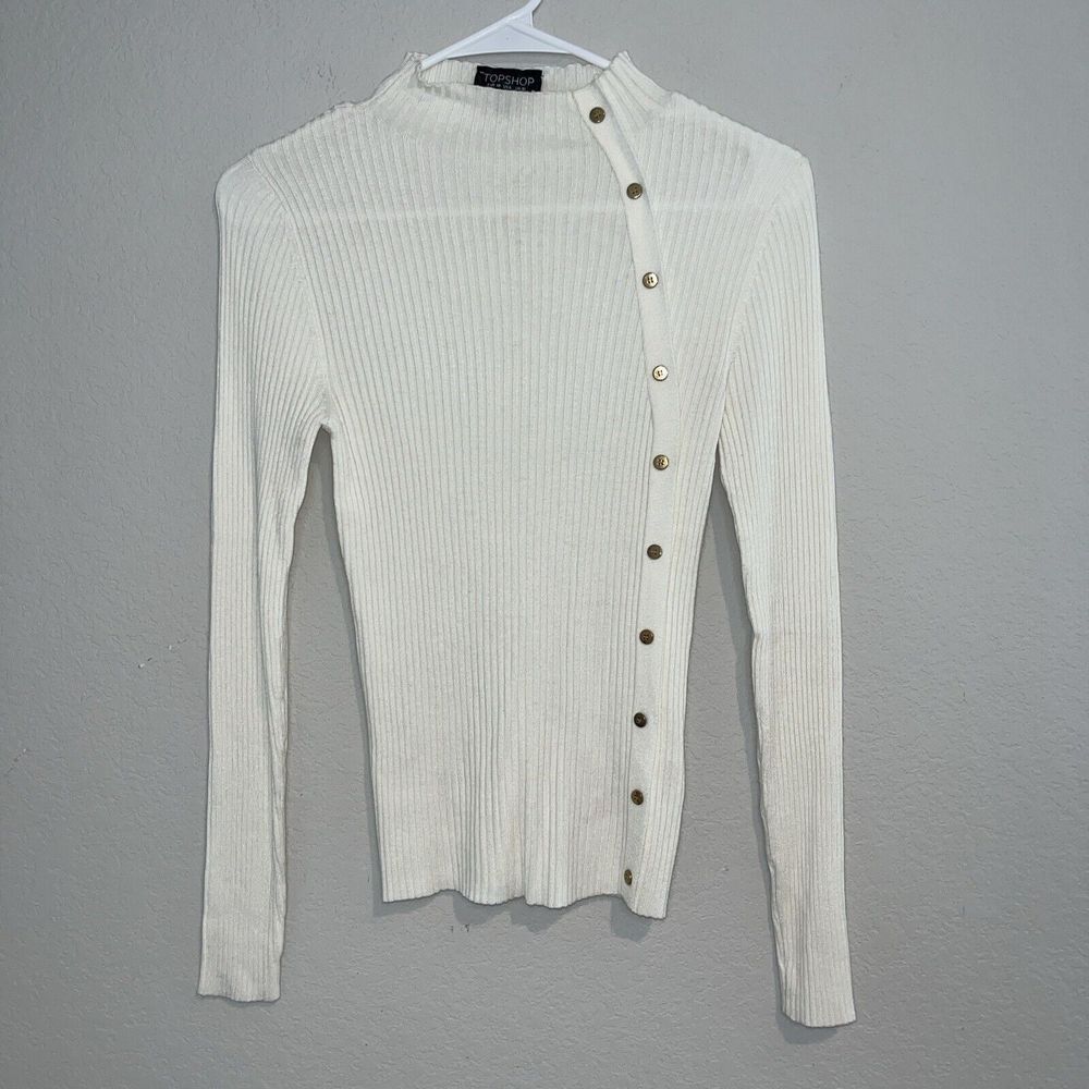 Topshop Woman’s Ribbed Side Gold Buttons Size 6  Ivory Long Sleeve